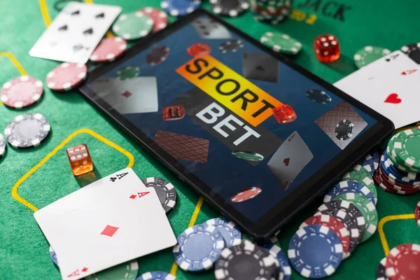 Gambling online casino Internet betting concept green screen. smartphone with poker chips, dice. Jackpot, casino chips