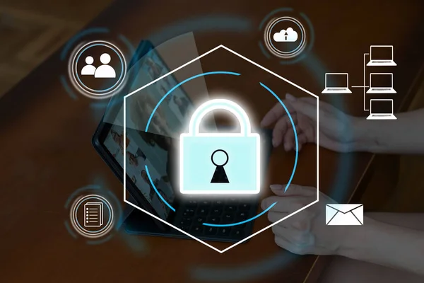 cybersecurity concept Global network security technology, business people protect personal information. Encryption with a key icon on the virtual interface.