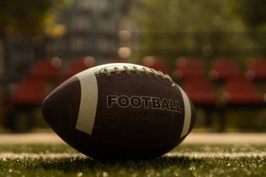 American football ball on the grass of a stadium.
