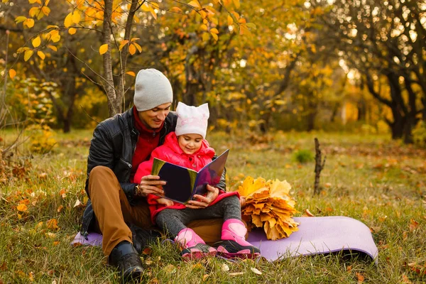 Young Handsome Father Holding His Little Daughter Sunny Autumn Forest — Stock Photo, Image