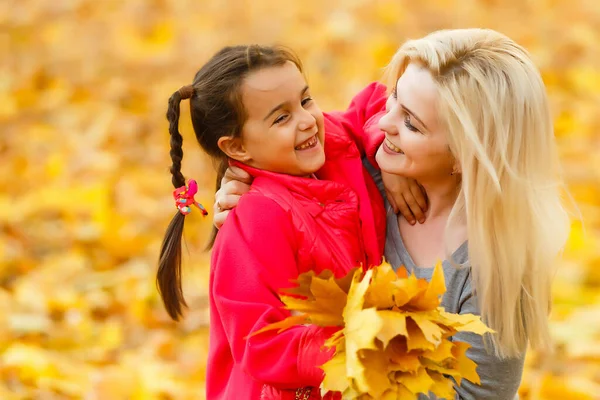 Happy Family Mother Her Daughter Playing Laughing Autumn Walk — стоковое фото