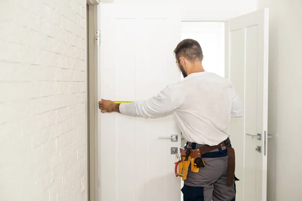 Good Looking Man Working Handyman Fixing Door Lock House Entrance — Stock Photo, Image