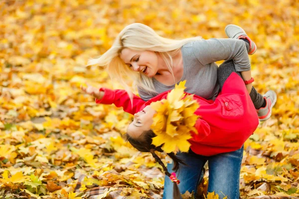 Happy Family Mother Her Daughter Playing Laughing Autumn Walk — Fotografia de Stock