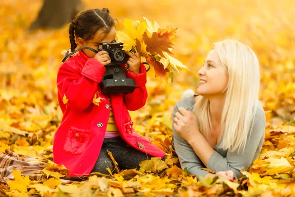 Happy Family Mother Her Daughter Playing Laughing Autumn Walk — Stockfoto
