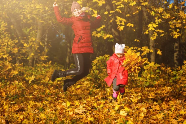 年轻妈妈在秋天的公园和女儿一起玩 — 图库照片