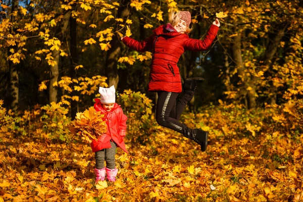 Anya Lánya Szórakozás Között Hulló Levelek Őszi Parkban — Stock Fotó
