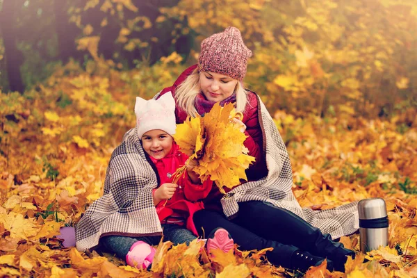 Mani Mamma Bambino Nel Parco Autunnale Mezzo Alle Foglie Arancioni — Foto Stock