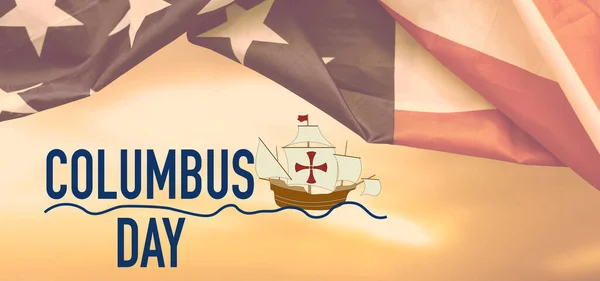 Happy Columbus Day Κείμενο Παλιά Timey Ιστιοφόρο Και Αμερικανική Σημαία — Φωτογραφία Αρχείου