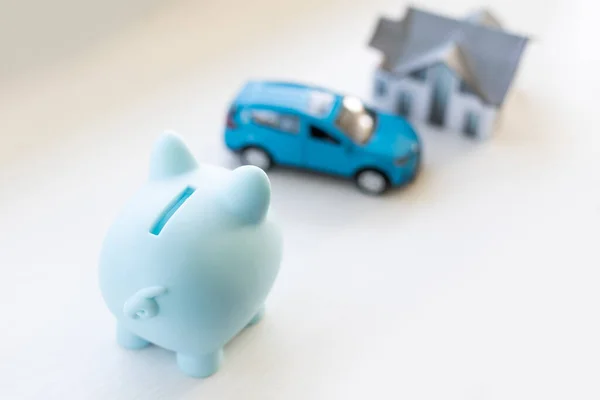 pig piggy bank, toy car, house.