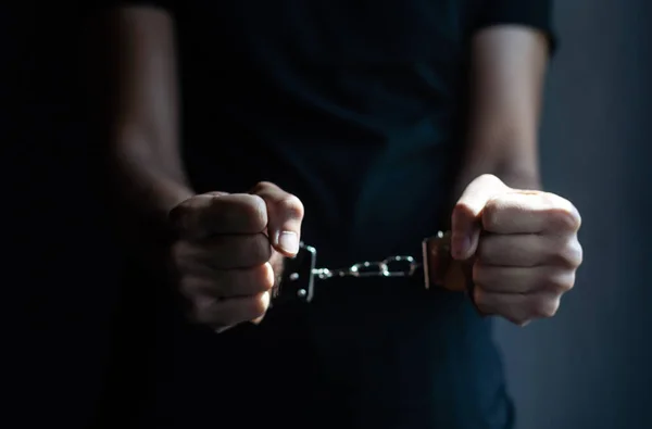 Male Hands Handcuffs Black Background — стоковое фото