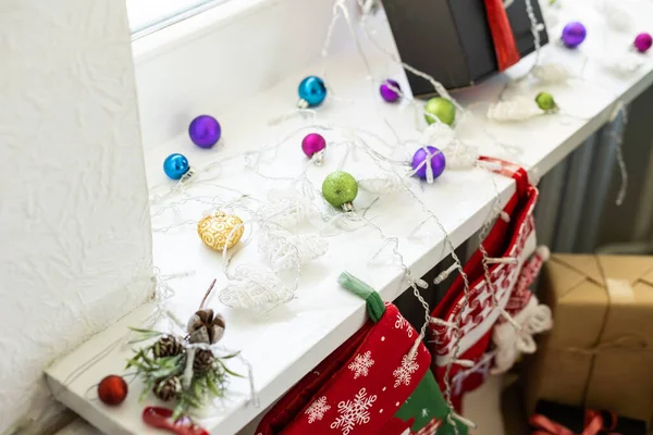 Diferentes Presentes Natal Com Decoração Artesanal — Fotografia de Stock