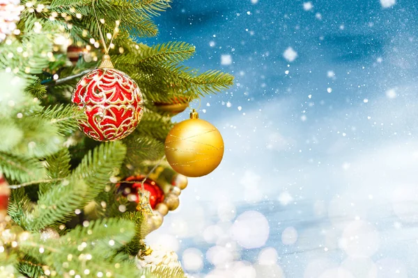 Stendardo Decorazione Natale Blu Cartolina Sull Albero Fiocco Neve Palle — Foto Stock