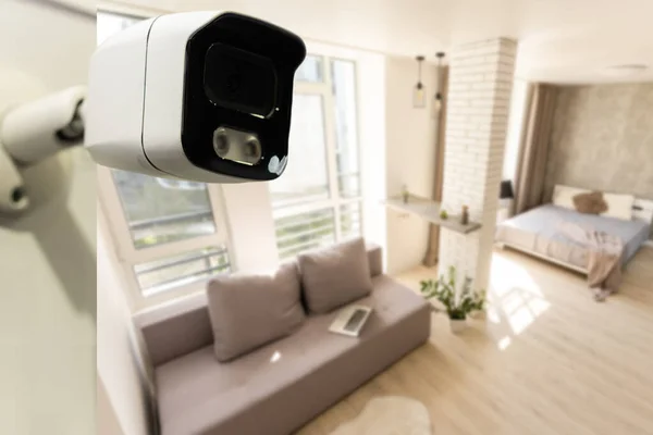 Close Object Shot Modern Surveillance Camera White Wall Cozy Apartment — Stock Photo, Image