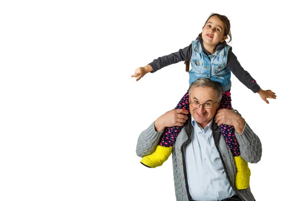 Authentic Photo Smiling Grandfather Hugging His Granddaughter — Stock Photo, Image