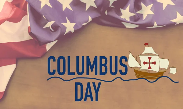 哥伦布日快乐的文字与古老的帆船和美国国旗 — 图库照片