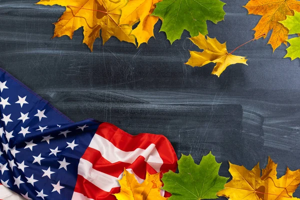 Amerikan Bayrağı Sarı Kuru Yapraklarda Gömülü Sonbahar Dokusu — Stok fotoğraf