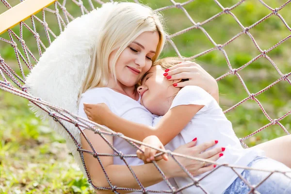 Beautiful Young Mother Her Daughter Forest Glade Happy Family Relationships — Stock Photo, Image