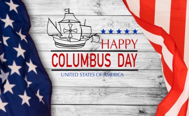 Eski zaman yelkenli gemisi ve Amerikan bayrağıyla Mutlu Kolomb Günü metinleri