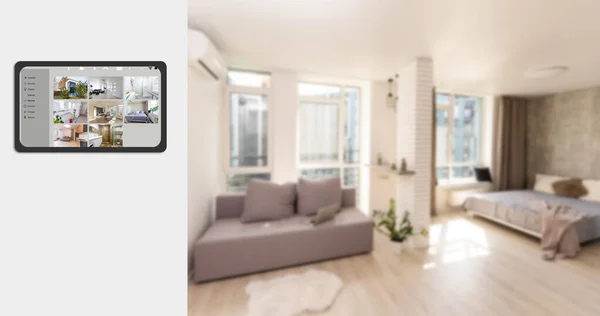 Mobiltelefon Mit Apps Zum Smart Home Modernen Esszimmer Hochwertiges Foto — Stockfoto