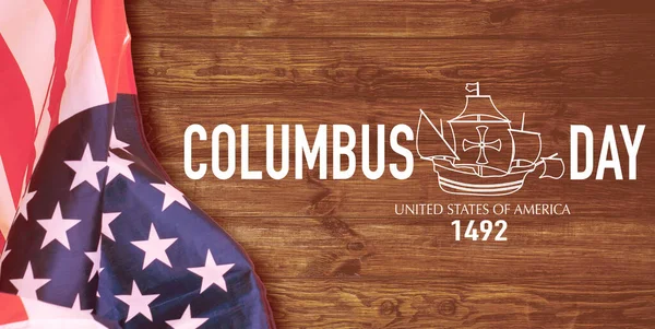 哥伦布日快乐的文字与古老的帆船和美国国旗 — 图库照片