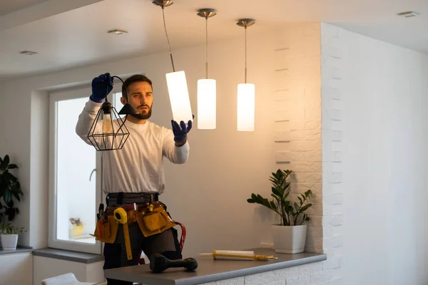 Electrician Mounting Ceiling Lamp Installing Wires — Φωτογραφία Αρχείου