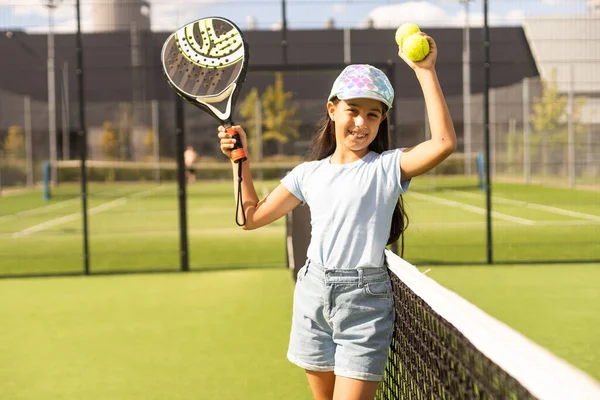 Little Girl Racket Playing Padel Tennis Court — 图库照片