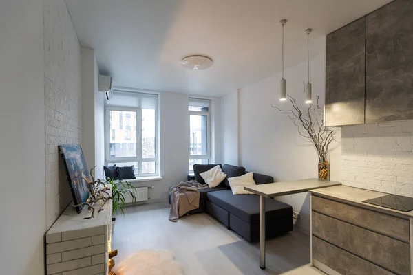 Kleines Studio Apartment Interieur Mit Küchenbereich Und Seilschirm — Stockfoto