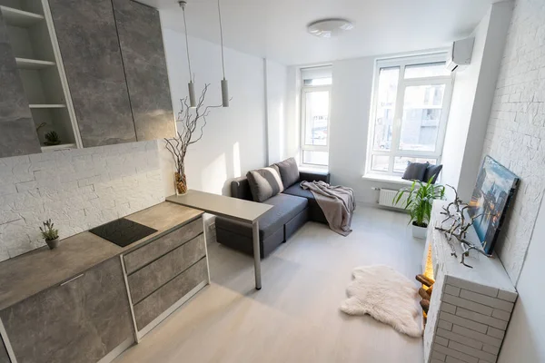 Modern Minimalistic Dark Gray Loft Style Studio Apartment Interior Design — Stockfoto
