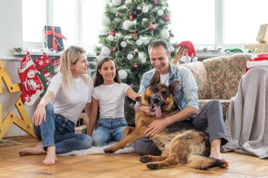 Dostu aile ile Noel ağacı yakınındaki köpek oynuyor. Onlar oturan ve gülüyor.