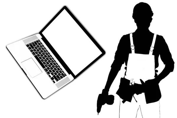 Worker Industrials Avatar Character Laptop — Stock Photo, Image