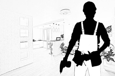 Beyaz arka planda çalışan erkek inşaat işçisinin stok görüntüsü