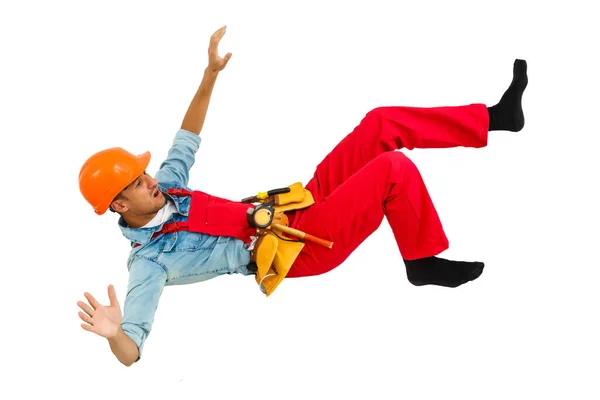 Trabajador Con Sombrero Duro Cayendo Escalera Aislada —  Fotos de Stock