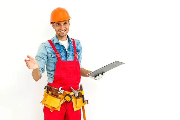 Bauarbeiter Bauunternehmer Schreiner Mit Klemmbrett Auf Weiß — Stockfoto