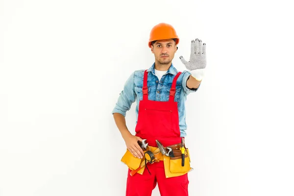 Visão Traseira Trabalhador Construção Masculino Com Cabelo Preto Curto Uniforme — Fotografia de Stock