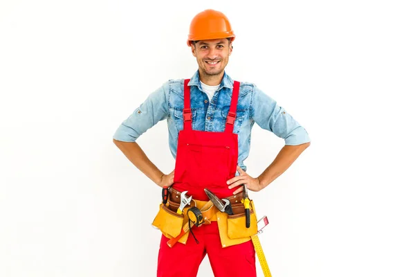 Visão Traseira Trabalhador Construção Masculino Com Cabelo Preto Curto Uniforme — Fotografia de Stock