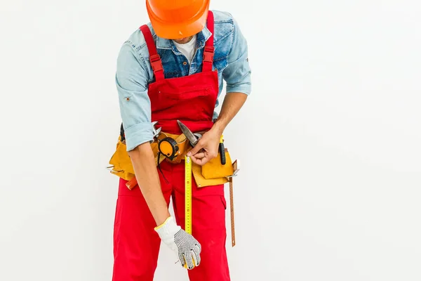 Construtor Capacete Com Uma Fita Métrica — Fotografia de Stock