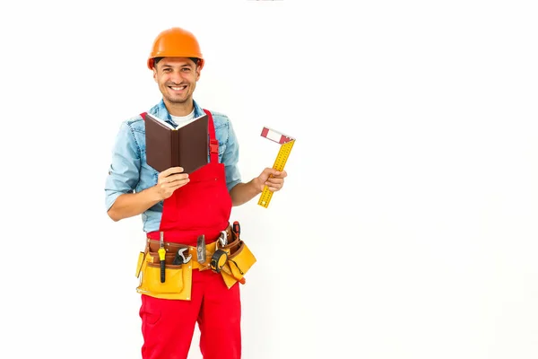 Trabajador Construcción Masculino Serio Con Pelo Negro Corto Uniforme Con — Foto de Stock