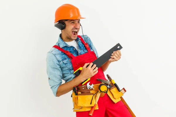 Trabalhador Masculino Com Fones Ouvido Sobre Fundo Branco — Fotografia de Stock