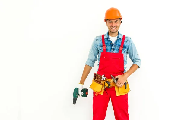 Archivbild Eines Männlichen Bauarbeiters Auf Weißem Hintergrund — Stockfoto