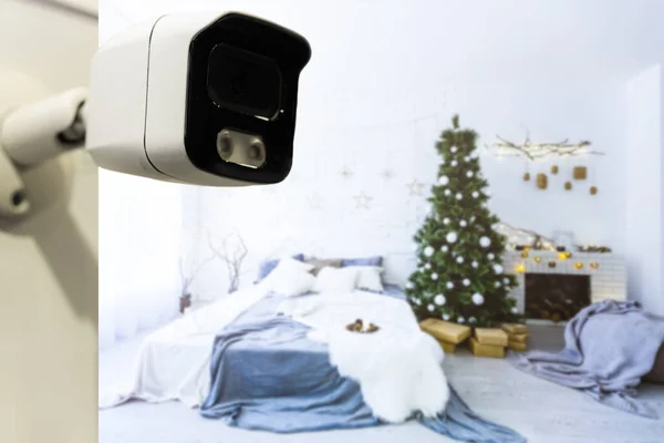 Close Object Shot Modern Surveillance Camera White Wall Cozy Apartment — Stock Photo, Image