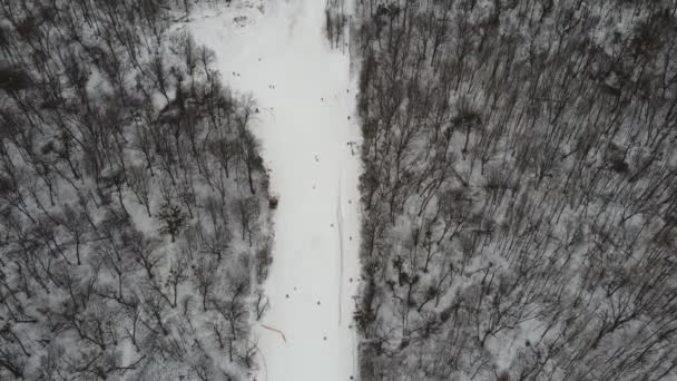 Skidåkare Och Snowboardåkare Åker Skidor Snöbackar Med Skidlift Helgen Drönaren — Stockvideo