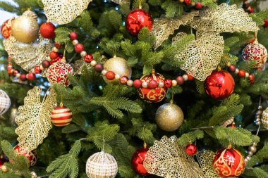 Close up of balls on christmas tree. background New Year concept