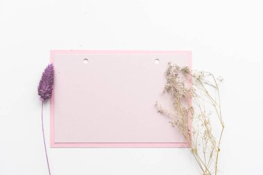 Boş kağıt maketi, balmumu çiçekli pastel pembe kart.