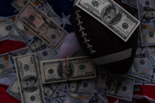 Dinero Pelota Rugby Fondo Bandera Americana Primer Plano Concepto Apuesta — Foto de Stock