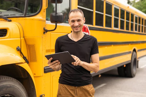 Handsome Teacher Looking Camera School Bus Blurred Background — Φωτογραφία Αρχείου