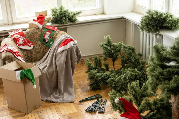 Bellissimo Sfondo Natalizio Albero Natale Calzini Natale Preparazione Natalizia — Foto Stock