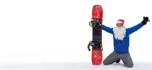 Egy Férfi Télapó Öltönyben Egy Snowboard Fehér Háttér — Stock Fotó