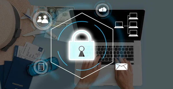 cybersecurity concept Global network security technology, business people protect personal information. Encryption with a key icon on the virtual interface.