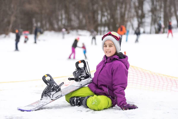 Snowboard Sport Zimowy Cute Girl Snowboardu Będzie Zjeżdżać Zimie Charakter — Zdjęcie stockowe