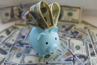 iş, finans, yatırım, tasarruf ve yolsuzluk kavramı - dolar nakit para ve kumbara masada yakın.